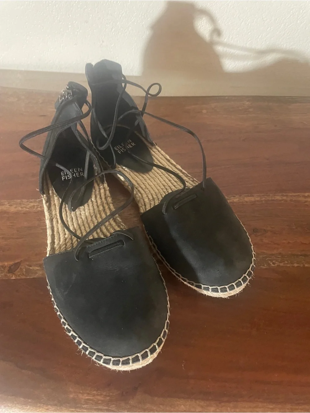 Eileen Fisher Black Leather Lace-Up Espadrille Flats Size 7
